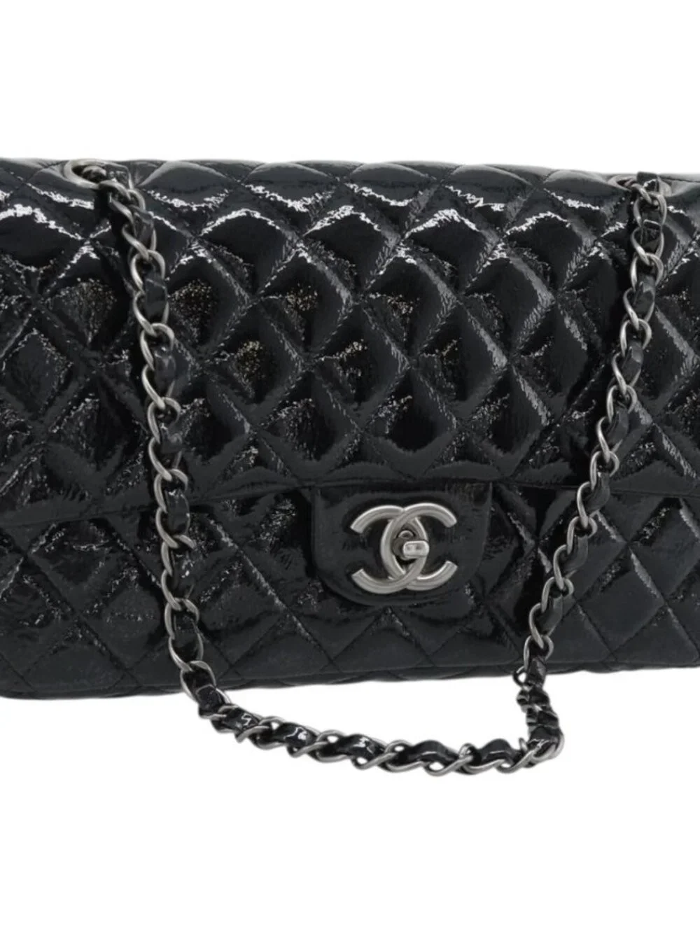CHANEL Matelasse 25 Chain Bag Patent leather Black Silver CC Auth 189112SM